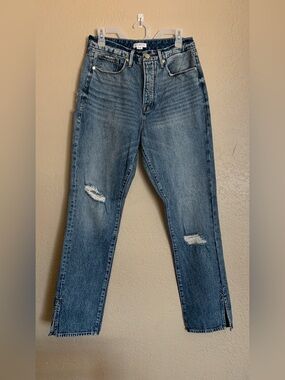Good American Distressed High-Rise Straight Leg Jeans in Blue Denim